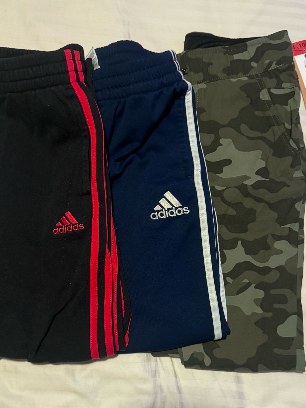 adidas Kids 3-Pack Joggers — Black with Red, Navy with White, Green Camo